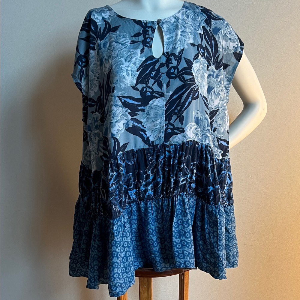 DG2 by Diane Gilman Blue patchwork Floral Tunic
